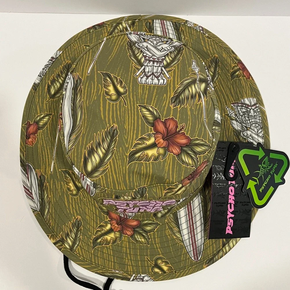 Psycho Tuna Maori Boonie Bucket Hat Olive Tropical Tiki Print Recycled